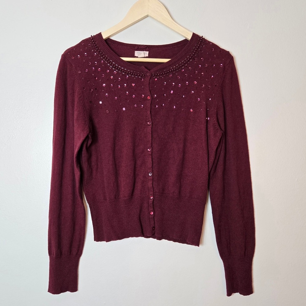 American Eagle‎ Outfitters Burgundy Cotton Wool Beaded Sequin Cardigan XL Maroon